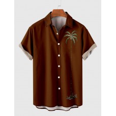 Retro SaddleBrown Coconut Palms Element Print Trendy Men's Short Sleeve Shirt