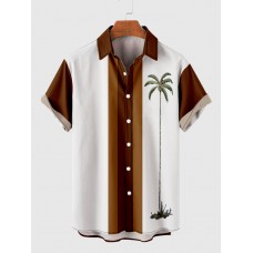 50s Brown & White Stitching Coconut Tree Printing Men's Short Sleeve Shirt