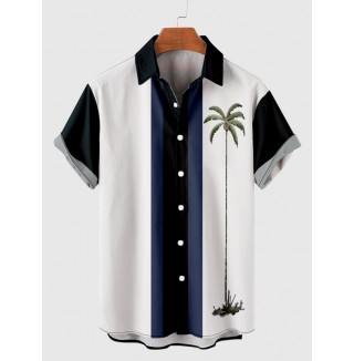 50s Navy & White Stitching Coconut Tree Printing Men's Short Sleeve Shirt