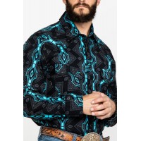 Men's Vintage Aqua Blue Long Sleeve Printed Shirt