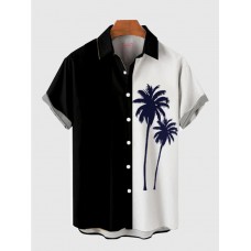 Black & White Stitching Coconut Trees Printing Men's Short Sleeve Shirt