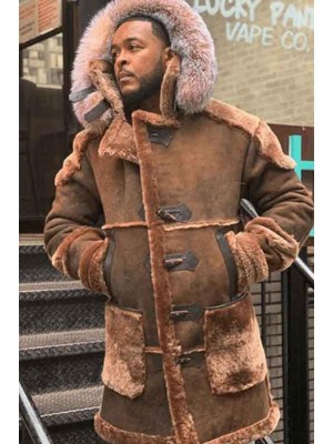 Mens Warm Suede Shearling Thicken Hooded Midi Coat