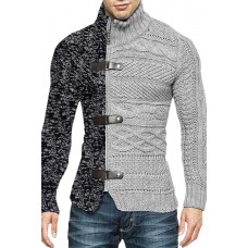Men's Color Matching Leather Button Long-sleeved Knitted Cardigan